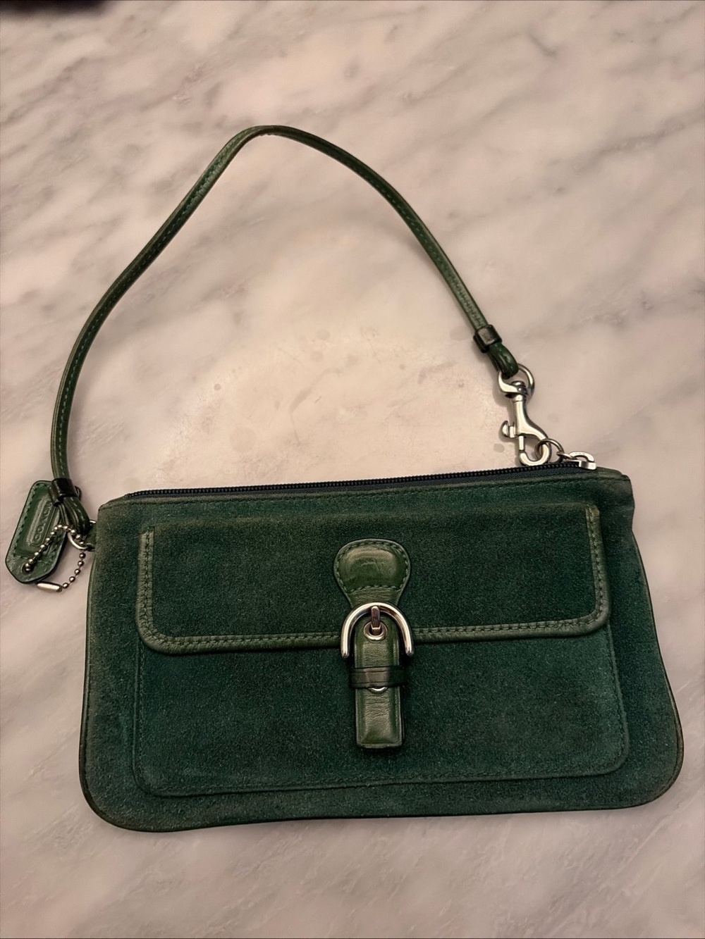 Coach Dark Green Suede Wristlet with Leather Trim